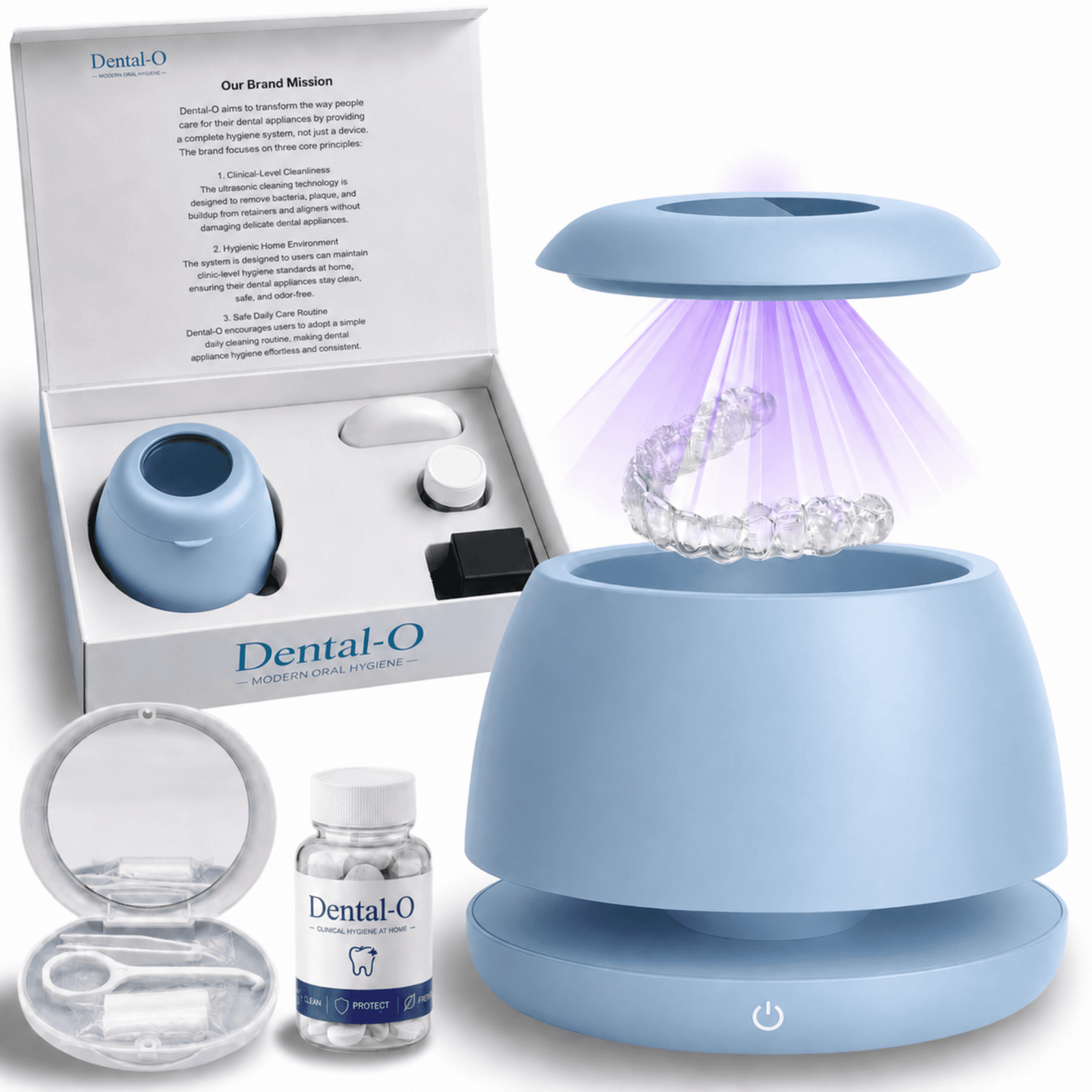 DENTAL-O Premium Ultrasonic Retainer Cleaner, Split Tank Design & 4 UV Lights, 42–47kHz Technology for Retainers, Aligners, Dentures & Mouth Guards(Sky Blue))